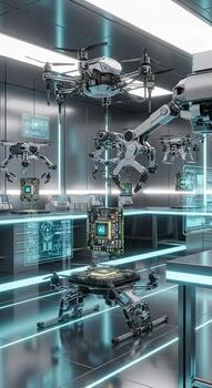 A futuristic room with several robots and computers photo