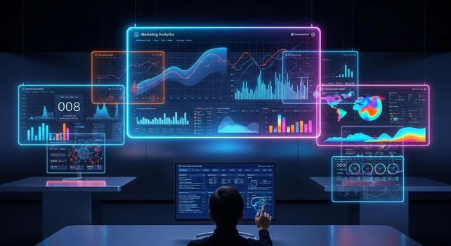 A man sitting at a desk with several screens showing graphs and data photo