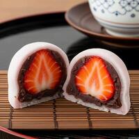 Strawberry and chocolate covered rice balls photo