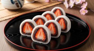 Delicious ichigo daifuku mochi featuring fresh strawberries and sweet red bean paste on a black plate photo