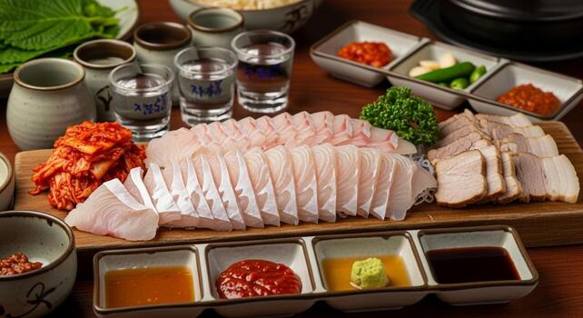 un mesa con varios platos de comida y bebidas foto