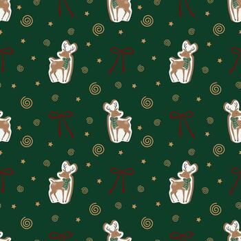Seamless pattern with deer cookie on green background vector