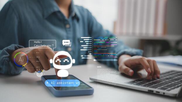 Person interacting with AI assistant chatbot on smartphone, with digital interface and code screen. Concept for artificial intelligence, virtual assistant, and conversational AI technology. photo