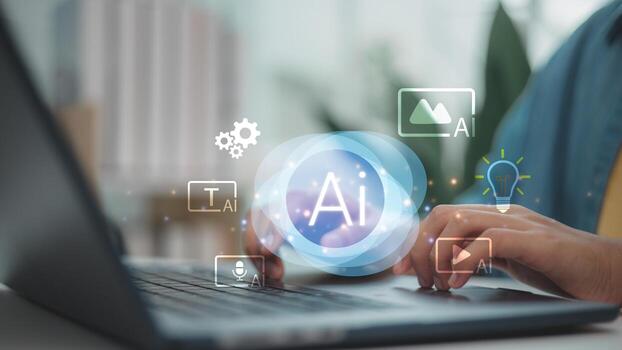 Hands typing on laptop with AI interface icons for text, image, , voice and idea generation, representing artificial intelligence tools for digital content creation. photo