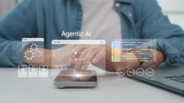 mano utilizando teléfono inteligente con agente ai interfaz demostración datos analítica, tarea gestión, automatización sistema y futurista tecnología para digital negocio innovación. foto