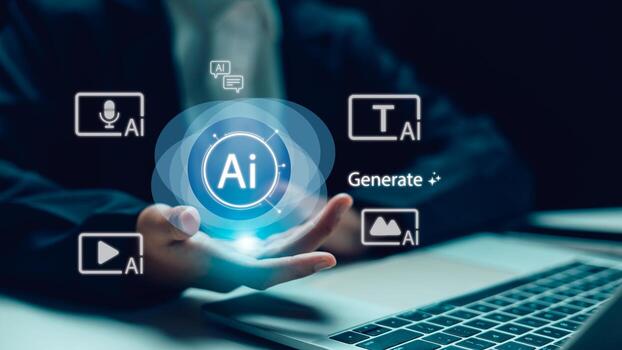 technology concept with digital icons for text, image, , and voice creation. Suitable for artificial intelligence tools, machine learning innovation, and creative automation. photo