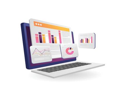 Laptop with data analytics graphs vector