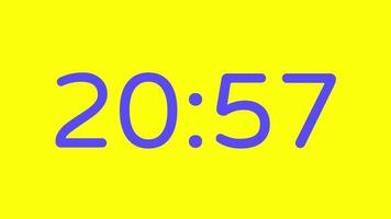 Countdown timer from 21 minute to 20 minute on yellow background with purple number display suitable for technology, urgency, time management concepts, social media posts, blog headers video