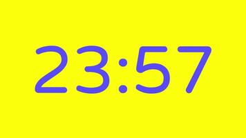 nedräkning timer från 24 minut till 23 minut på gul bakgrund med lila siffra visa lämplig för teknologi, brådskande karaktär, tid förvaltning koncept, social media inlägg, blog headers video