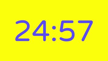nedräkning timer från 25 minut till 24 minut på gul bakgrund med lila siffra visa lämplig för teknologi, brådskande karaktär, tid förvaltning koncept, social media inlägg, blog headers video