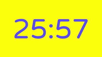 nedräkning timer från 26 minut till 25 minut på gul bakgrund med lila siffra visa lämplig för teknologi, brådskande karaktär, tid förvaltning koncept, social media inlägg, blog headers video