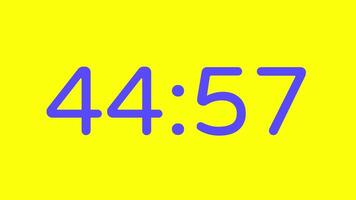nedräkning timer från 45 minut till 44 minut på gul bakgrund med lila siffra visa lämplig för teknologi, brådskande karaktär, tid förvaltning koncept, social media inlägg, blog headers video