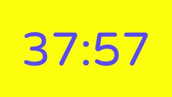 nedräkning timer från 38 minut till 37 minut på gul bakgrund med lila siffra visa lämplig för teknologi, brådskande karaktär, tid förvaltning koncept, social media inlägg, blog headers video