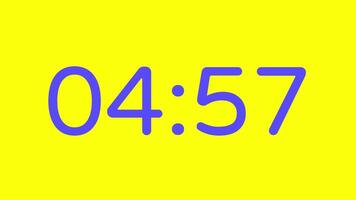 nedräkning timer från 5 minut till 4 minut på gul bakgrund med lila siffra visa lämplig för teknologi, brådskande karaktär, tid förvaltning koncept, social media inlägg, blog headers video