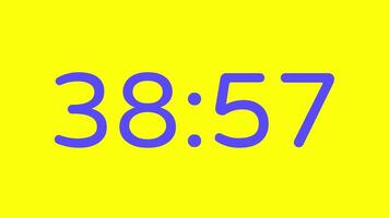 Countdown timer from 39 minute to 38 minute on yellow background with purple number display suitable for technology, urgency, time management concepts, social media posts, blog headers video