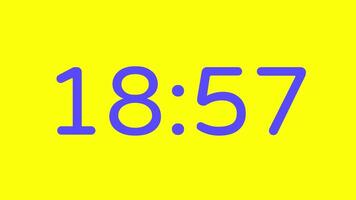 nedräkning timer från 19 minut till 18 minut på gul bakgrund med lila siffra visa lämplig för teknologi, brådskande karaktär, tid förvaltning koncept, social media inlägg, blog headers video