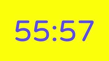Countdown timer from 56 minute to 55 minute on yellow background with purple number display suitable for technology, urgency, time management concepts, social media posts, blog headers video