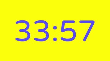 nedräkning timer från 34 minut till 33 minut på gul bakgrund med lila siffra visa lämplig för teknologi, brådskande karaktär, tid förvaltning koncept, social media inlägg, blog headers video