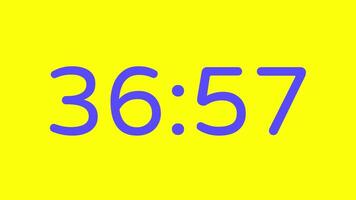 nedräkning timer från 37 minut till 36 minut på gul bakgrund med lila siffra visa lämplig för teknologi, brådskande karaktär, tid förvaltning koncept, social media inlägg, blog headers video