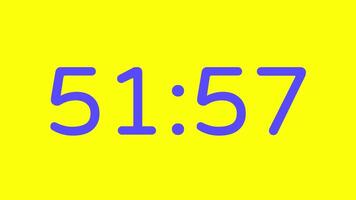 nedräkning timer från 52 minut till 51 minut på gul bakgrund med lila siffra visa lämplig för teknologi, brådskande karaktär, tid förvaltning koncept, social media inlägg, blog headers video