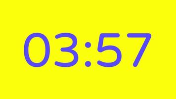nedräkning timer från 4 minut till 3 minut på gul bakgrund med lila siffra visa lämplig för teknologi, brådskande karaktär, tid förvaltning koncept, social media inlägg, blog headers video
