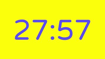 nedräkning timer från 28 minut till 27 minut på gul bakgrund med lila siffra visa lämplig för teknologi, brådskande karaktär, tid förvaltning koncept, social media inlägg, blog headers video