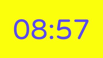 nedräkning timer från 9 minut till 8 minut på gul bakgrund med lila siffra visa lämplig för teknologi, brådskande karaktär, tid förvaltning koncept, social media inlägg, blog headers video