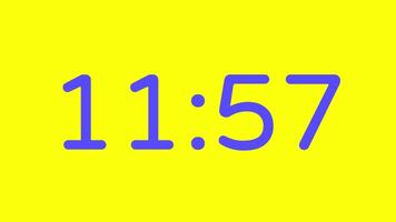 nedräkning timer från 12 minut till 11 minut på gul bakgrund med lila siffra visa lämplig för teknologi, brådskande karaktär, tid förvaltning koncept, social media inlägg, blog headers video