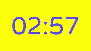 nedräkning timer från 3 minut till 2 minut på gul bakgrund med lila siffra visa lämplig för teknologi, brådskande karaktär, tid förvaltning koncept, social media inlägg, blog headers video