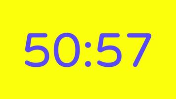 nedräkning timer från 51 minut till 50 minut på gul bakgrund med lila siffra visa lämplig för teknologi, brådskande karaktär, tid förvaltning koncept, social media inlägg, blog headers video