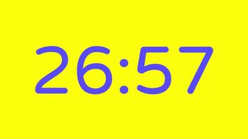 nedräkning timer från 27 minut till 26 minut på gul bakgrund med lila siffra visa lämplig för teknologi, brådskande karaktär, tid förvaltning koncept, social media inlägg, blog headers video