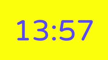 nedräkning timer från 14 minut till 13 minut på gul bakgrund med lila siffra visa lämplig för teknologi, brådskande karaktär, tid förvaltning koncept, social media inlägg, blog headers video