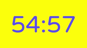nedräkning timer från 55 minut till 54 minut på gul bakgrund med lila siffra visa lämplig för teknologi, brådskande karaktär, tid förvaltning koncept, social media inlägg, blog headers video