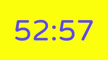 nedräkning timer från 53 minut till 52 minut på gul bakgrund med lila siffra visa lämplig för teknologi, brådskande karaktär, tid förvaltning koncept, social media inlägg, blog headers video