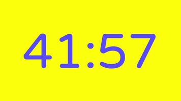 nedräkning timer från 42 minut till 41 minut på gul bakgrund med lila siffra visa lämplig för teknologi, brådskande karaktär, tid förvaltning koncept, social media inlägg, blog headers video
