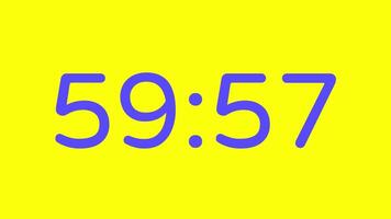 nedräkning timer från 1 timme till 59 minut på gul bakgrund med lila siffra visa lämplig för teknologi, brådskande karaktär, tid förvaltning koncept, social media inlägg, blog headers video