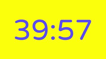 nedräkning timer från 40 minut till 39 minut på gul bakgrund med lila siffra visa lämplig för teknologi, brådskande karaktär, tid förvaltning koncept, social media inlägg, blog headers video