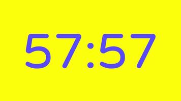 nedräkning timer från 58 minut till 57 minut på gul bakgrund med lila siffra visa lämplig för teknologi, brådskande karaktär, tid förvaltning koncept, social media inlägg, blog headers video