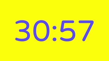 nedräkning timer från 31 minut till 30 minut på gul bakgrund med lila siffra visa lämplig för teknologi, brådskande karaktär, tid förvaltning koncept, social media inlägg, blog headers video