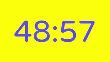 nedräkning timer från 49 minut till 48 minut på gul bakgrund med lila siffra visa lämplig för teknologi, brådskande karaktär, tid förvaltning koncept, social media inlägg, blog headers video