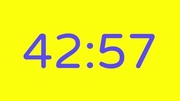 nedräkning timer från 43 minut till 42 minut på gul bakgrund med lila siffra visa lämplig för teknologi, brådskande karaktär, tid förvaltning koncept, social media inlägg, blog headers video