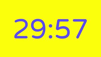 nedräkning timer från 30 minut till 29 minut på gul bakgrund med lila siffra visa lämplig för teknologi, brådskande karaktär, tid förvaltning koncept, social media inlägg, blog headers video