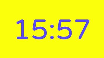 nedräkning timer från 16 minut till 15 minut på gul bakgrund med lila siffra visa lämplig för teknologi, brådskande karaktär, tid förvaltning koncept, social media inlägg, blog headers video