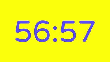 nedräkning timer från 57 minut till 56 minut på gul bakgrund med lila siffra visa lämplig för teknologi, brådskande karaktär, tid förvaltning koncept, social media inlägg, blog headers video