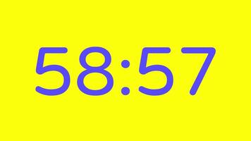 nedräkning timer från 59 minut till 58 minut på gul bakgrund med lila siffra visa lämplig för teknologi, brådskande karaktär, tid förvaltning koncept, social media inlägg, blog headers video