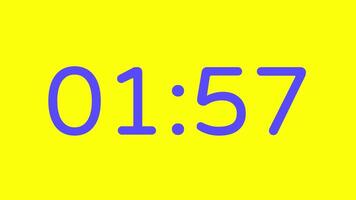 nedräkning timer från 2 minut till 1 minut på gul bakgrund med lila siffra visa lämplig för teknologi, brådskande karaktär, tid förvaltning koncept, social media inlägg, blog headers video