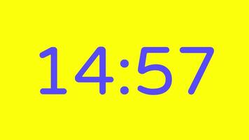 nedräkning timer från 15 minut till 14 minut på gul bakgrund med lila siffra visa lämplig för teknologi, brådskande karaktär, tid förvaltning koncept, social media inlägg, blog headers video