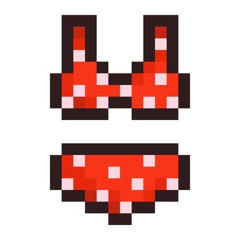 Pixel illustration of a red polka dot bikini in retro 8-bit style. Perfect for summer, beach, or vacation themes. Nostalgic and trendy design ideal for games, fashion content, and warm weather vibes. vector