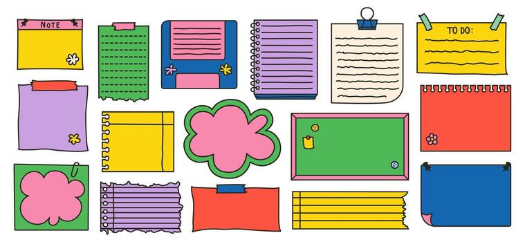 conjunto de maravilloso papelería elementos incluso cuadernos, pegajoso notas, memorándum páginas, y planificador hojas. Perfecto para diario, álbum de recortes, organización, colegio proyectos, y creativo diseños vector