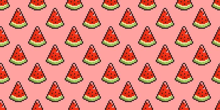 Seamless pattern of pixelated watermelon slices on a soft pink background. Retro summer aesthetic perfect for fabric, wallpapers, packaging, and digital projects with a nostalgic pixel charm. vector